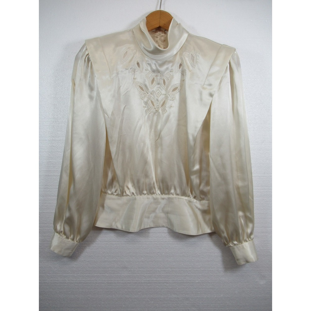 Vintage 90s Laura & Jayne Shiny Satin Ruffle High Neck Blouse Women 6 Secretary